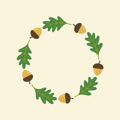 Oak leaves. Wreath of oak leaves. Autumn wreath. Acorn. Oak leaf ornament. Logotype. Oak branch and acorns. Vector illustration in doodle style. Leaf