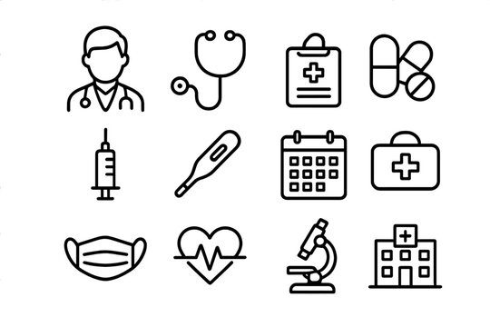 General Practitioner Icons. General practitioner. Line outline icon set of general practitioner: male doctor