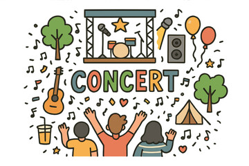 Festive Outdoor Concert Scene. Outdoor concert. Hand-drawn doodle illustration of an outdoor concert. Stage,