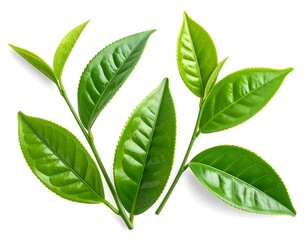 Bright green tea leaves and stems scattered on a plain white background