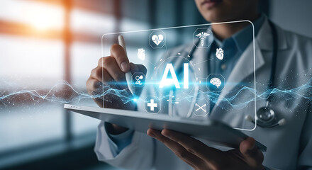 Innovation in healthcare: A healthcare professional uses digital technology to incorporate AI into patient care, symbolizing the future of medicine.