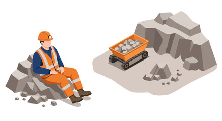 Fototapeta premium Miner resting near rock debris and mining cart in quarry scene