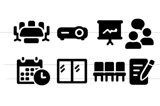 Meeting Room Icons. Meeting Rooms. Filled icon set of Meeting Rooms: conference table, projector, presentation