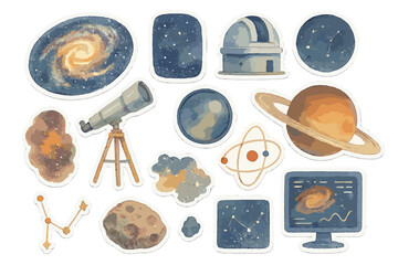 Cosmic Watercolor Stickers. Galaxy Observation. Realistic hand-painted watercolor style sticker sheet of