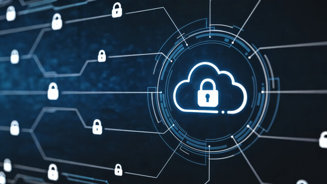 Secure cloud network with glowing padlocks ensures data privacy and protection from cyber threats for business and personal use