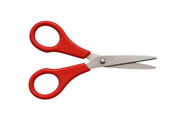 Red handled metal scissors for crafting and office supplies, cutting tool with open blades, transparent background