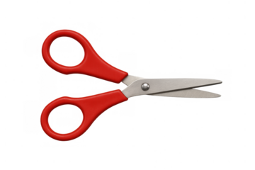 Red handled metal scissors for crafting and office supplies, cutting tool with open blades, transparent background