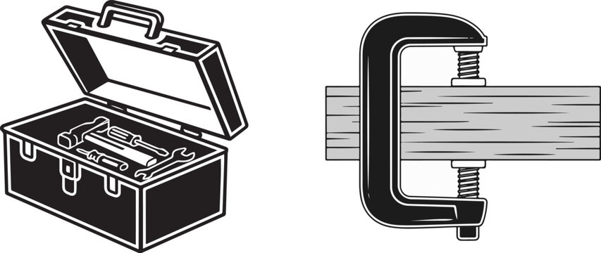 Black and white vector illustrations of open toolbox with tools and wood clamp.