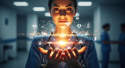 Innovative Healthcare: A visionary nurse, embodies the future of healthcare, surrounded by digital medical icons representing interconnected health.
