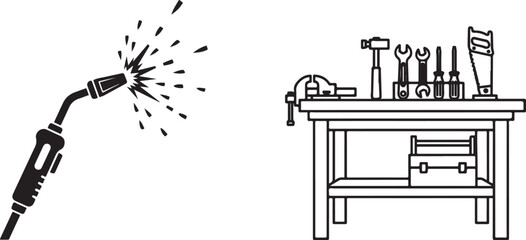 Clean Outline Illustration of Welding Equipment and Workbench Tools