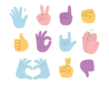 Set of colorful hands with different gestures. Doodle style.