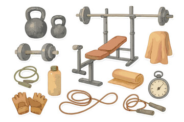 Watercolor Gym Stickers. Gym Equipment. Realistic hand-painted watercolor style sticker sheet of gym equipment