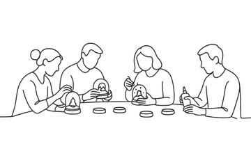 Snow Globe Crafting. Snow Globe Decorating Party. Minimalistic one-line drawing group of people crafting snow