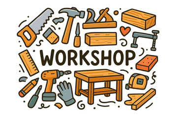 Woodworking Tools Art. Woodworking studio. Hand-drawn doodle illustration of a woodworking studio. Saw, hammer