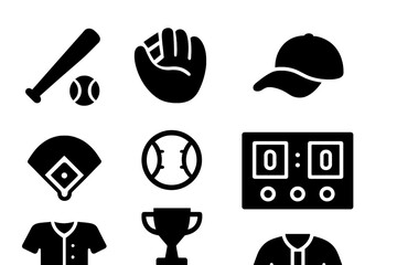 Baseball Icons Set. Baseball Weekend. Filled icon set of Baseball Weekend: baseball bat, glove, ball, cap,