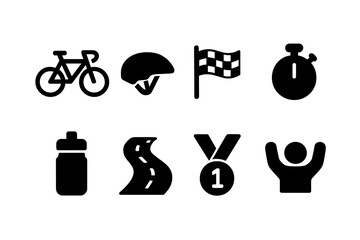 Cycling Race Icons. Cycling Race. Filled icon set of Cycling Race: bicycle, helmet, finish flag, stopwatch,
