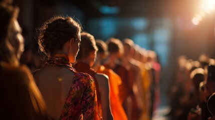 A line of fashion models showcases vibrant outfits as they walk down the runway, attracting the attention of the audience. The models display confidence and elegance in each step.