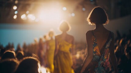 Fototapeta premium A group of women strides confidently down the runway, showcasing elegant dresses that capture the audience's attention. The vibrant dresses reflect a blend of fashion and creativit