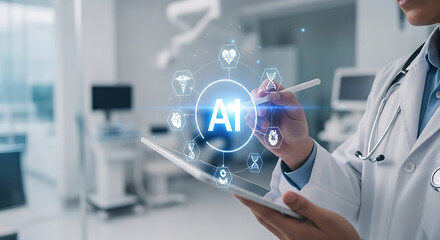 AI in Healthcare: A doctor interacts with an advanced AI interface, the futuristic blend of technology and compassion, in a modern medical setting. The scene portrays innovation.
