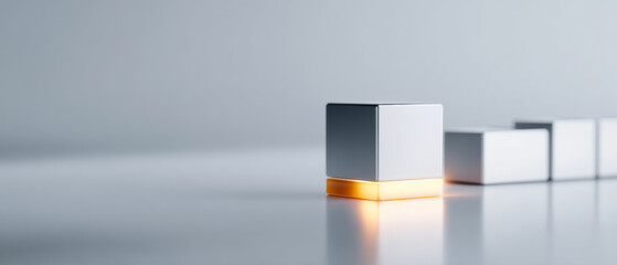 Fototapeta premium A row of cubes with the first cube glowing on a reflective surface