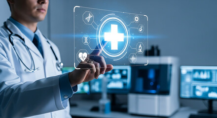 Modern Healthcare Innovation: A doctor, poised with a touch of a digital interface, symbolizes the cutting-edge fusion of medicine and technology, representing progress in medical innovation.
