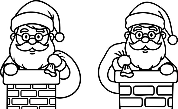 Two cartoon santas emerging from brick chimneys with gift bags
