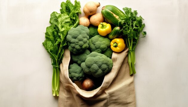 Fresh green produce in reusable shopping bag, top down view