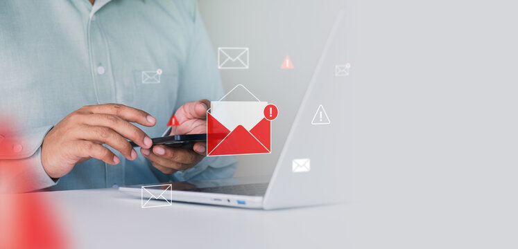 Email security threat and spam warning concept. Person click email with red warning icons and envelope representing email threats, phishing, spam alerts, cybersecurity risk in digital communication