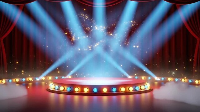 Spectacular Circus Stage with Bright Lights and Red Curtains.
