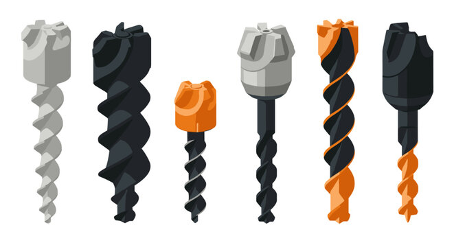 Set of colorful 3d drill bits on white background