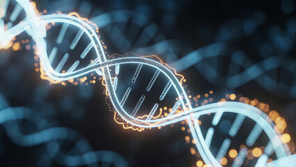 Glowing blue DNA helix with vibrant orange energy particles in dark abstract scientific background