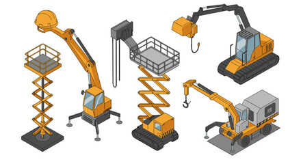 Isometric construction equipment set featuring lift and crane machinery
