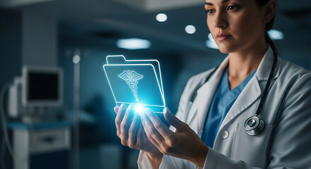 Digital Healthcare: A focused medical professional analyzes glowing data in a modern medical setting, showcasing the future of medical technology.