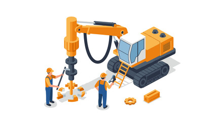 Construction workers operating heavy machinery for drilling on site in isometric style