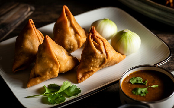 Professional food photo of three golden-brown crispy triangular samosas on a white ceramic plate with curry sauce, cilantro garnish, and an onion beside them against a dark moody background.