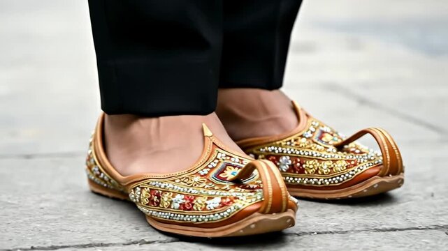 A Close-Up of Ornately Designed Traditional Footwear Featuring Vibrant Colors and Intricate Embroidery on a Urban Pavement Background