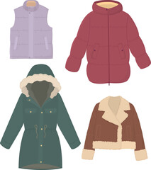 Set of four pieces of women's winter outerwear. Puffer, vest, cropped shearling jacket and parka