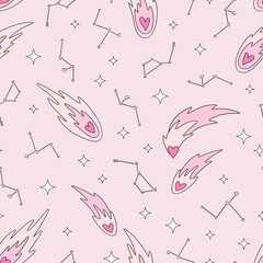 Retro Romantic Cosmic Outer Space Love Comets Seamless Pattern, Valentine Galaxy Background for Textile and Wrapping Paper