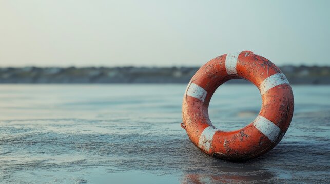 Seaside Safety: A weathered orange lifebuoy rests peacefully on the shore