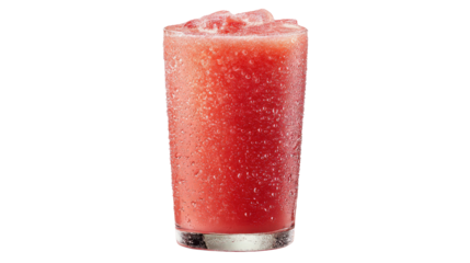 A chilled glass of fresh watermelon juice, with condensation on the outside, placed on a clean to highlight its bright pink hue and refreshing texture isolated on a Transparent background, PNG file.