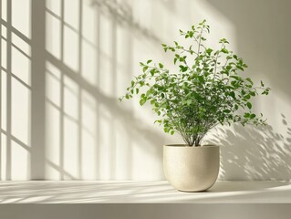 Indoor serenity: Houseplant in ceramic pot with sunlight and shadow patterns