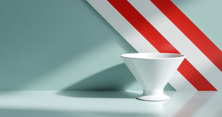 A white bowl is on a light green surface with red and grey stripes in the background