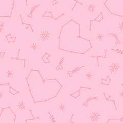 Retro Romantic Cosmic Outer Space Love Constellation Seamless Pattern, Valentine Galaxy Background for Textile and Wrapping Paper