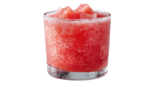 A chilled glass of fresh watermelon juice, with condensation on the outside, placed on a clean to highlight its bright pink hue and refreshing texture isolated on a Transparent background, PNG file.