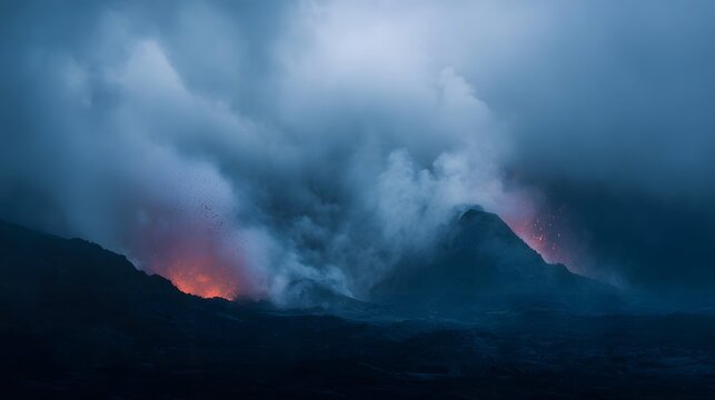 Volcanic eruption with glowing lava flowing into a dark turbulent ocean under dramatic clouds