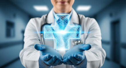 Healthcare Icon: A doctor in a pristine lab coat and surgical gloves cradles a glowing, digital cross, symbolizing the intersection of healthcare and cutting-edge technology. 