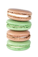 Sweet dessert composition: pastel macarons arranged in a vertical stack isolated on transparent background.