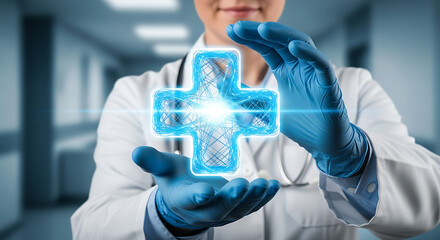 Health Protection in the Modern Era: A dedicated healthcare professional holds a glowing medical cross, symbolizing care, healing, and the promise of wellness. Capturing the essence of health.