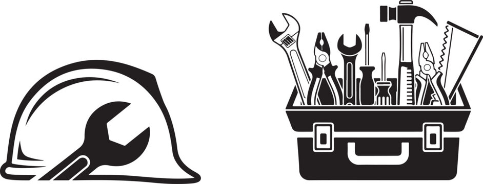 Monochromatic Engineering Tools and Safety Helmet Vector Graphics