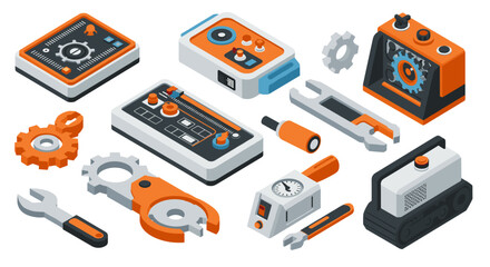 Isometric mechanical icons with gears and tools in retro style
